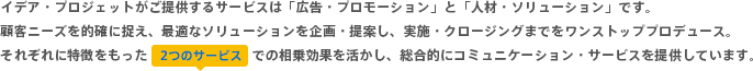 イデア・プロジェットがご提供するサービスは「広告・プロモーション」と「人材・ソリューション」です。顧客ニーズを的確に捉え、最適なソリューションを企画・提案し、実施・クロージングまでをワンストッププロデュース。それぞれに特徴をもった「2つのサービス」での相乗効果を活かし、総合的にコミュニケーション・サービスを提供しています。
